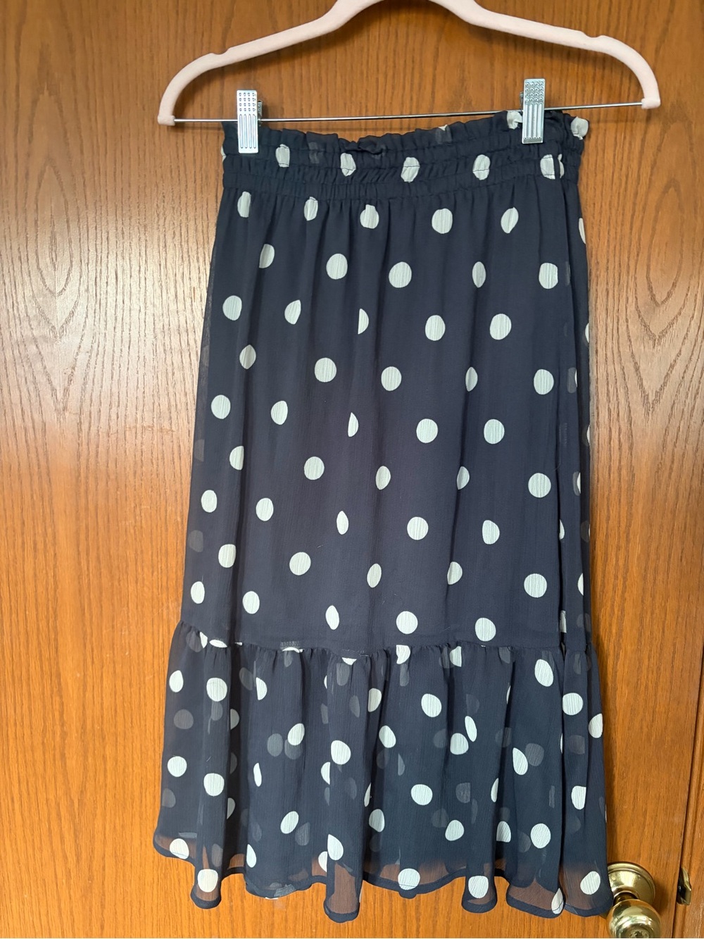 Lauren Conrad Polka Dot Navy Midi Skirt with Ruffle Hem